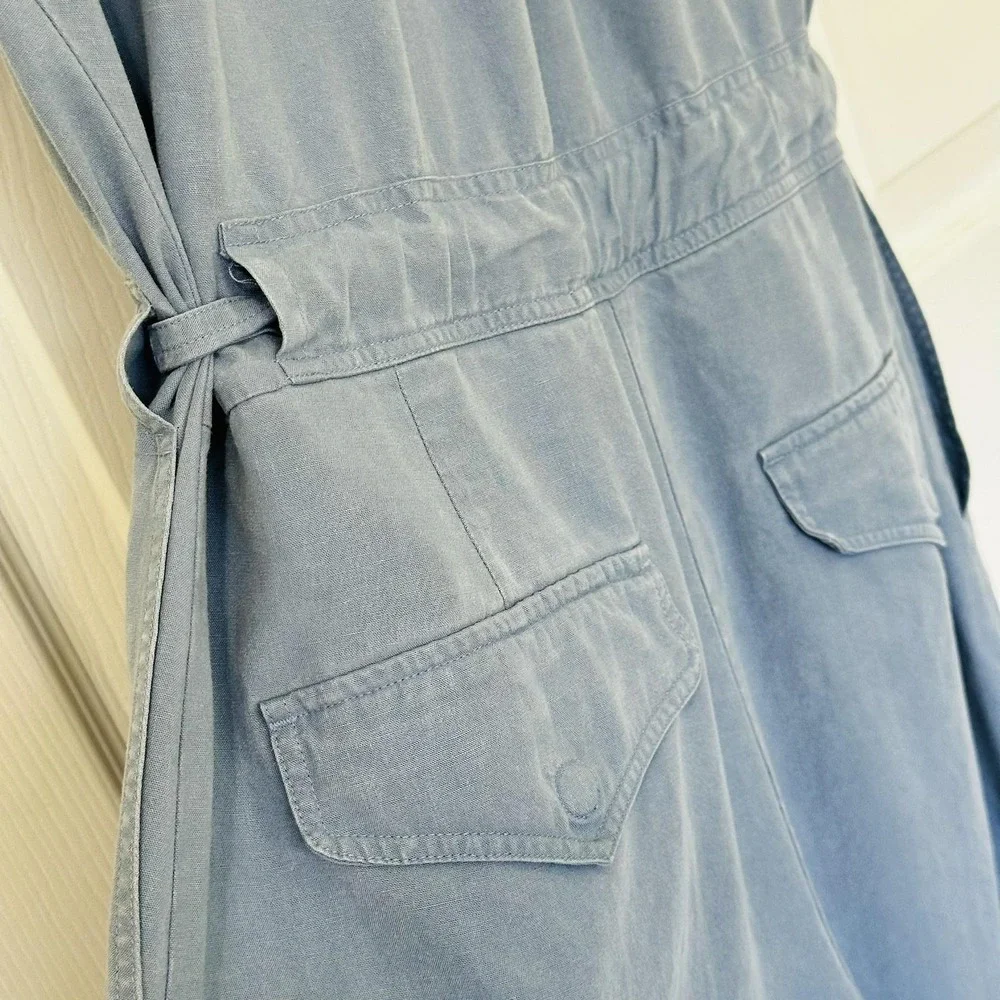 Rag & Bone Womens M Blue Lyocell Linen Utility Jumpsuit Wide Leg Belted Collared